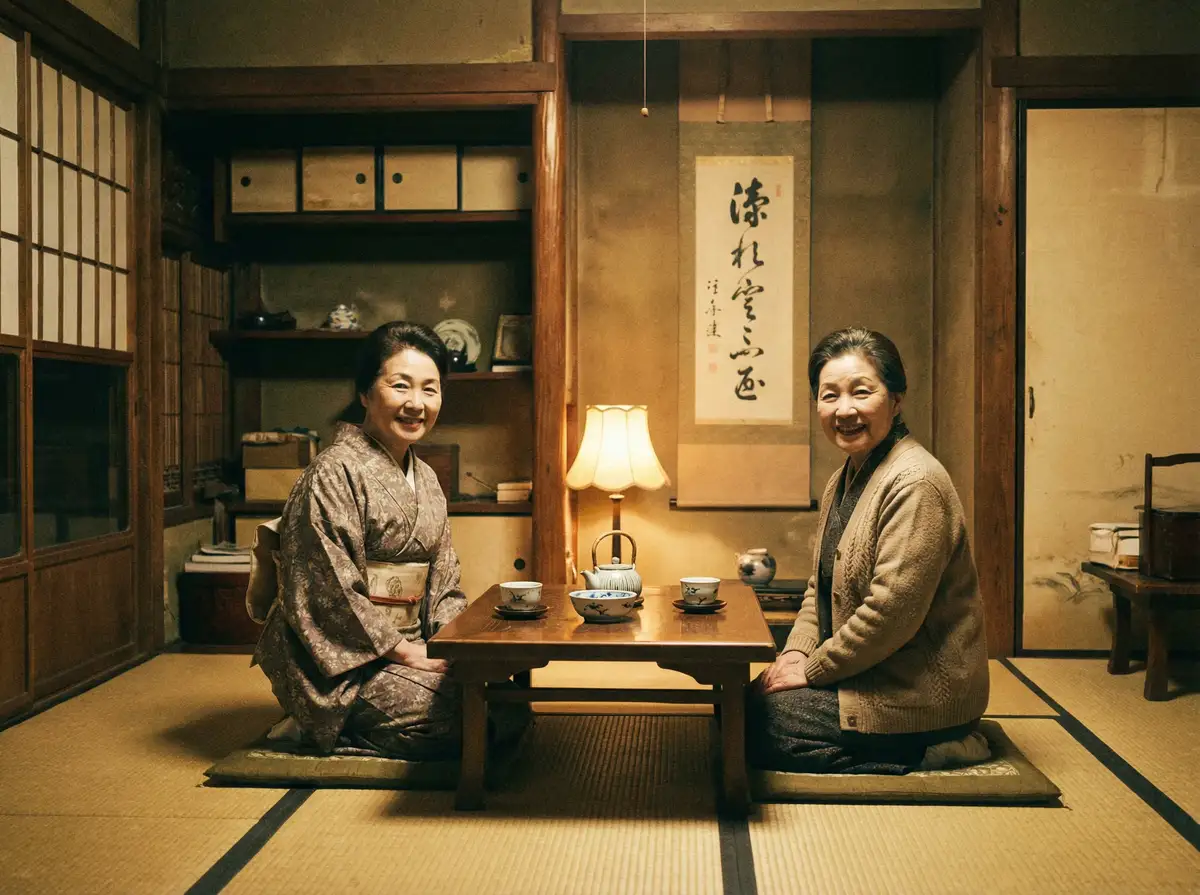 两位优雅的 51大赛 在日式茶室中品茶交谈